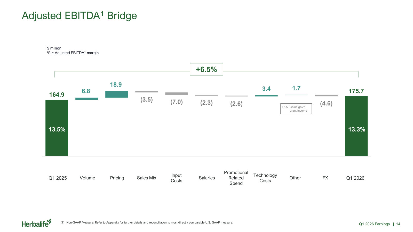 Adjusted EBITDA bridge: pricing carried the quarter against input costs, salaries and technology spend.