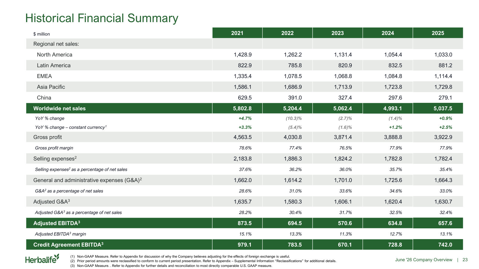 Five-year financial summary by region, with gross margin and selling and G&A ratios, the fullest single-page history here.